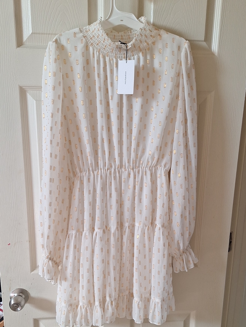 Womens Smocked Neck White Dress with Gold Foil Print